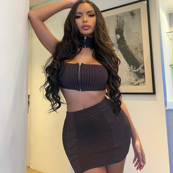 Wrapped chest panel zipper back sexy cross neck close fitting short skirt woolen suit