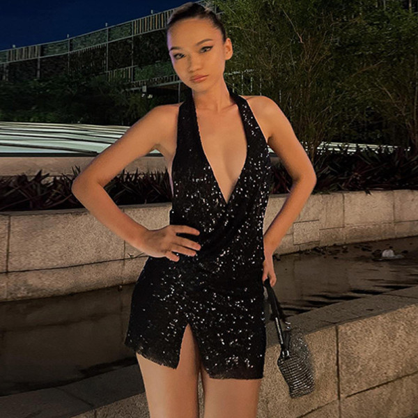 Fashion characteristic sequin neck hook sexy open back slim fitting dress