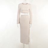 Sexy slim fitting open navel long sleeve T-shirt split skirt suit