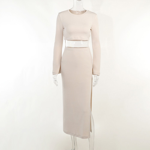 Sexy slim fitting open navel long sleeve T-shirt split skirt suit