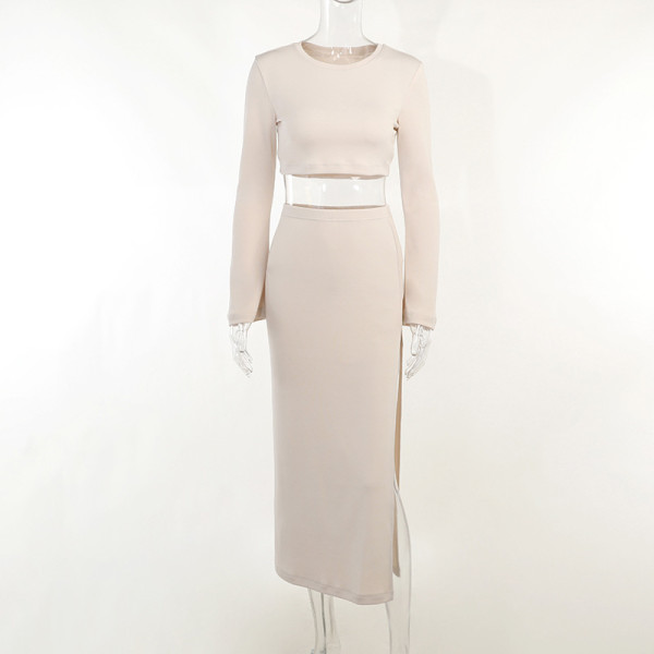 Sexy slim fitting open navel long sleeve T-shirt split skirt suit