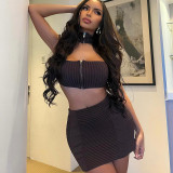 Wrapped chest panel zipper back sexy cross neck close fitting short skirt woolen suit