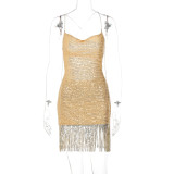 Women's solid suspender sexy backless splicing tassel sequin reflective dress