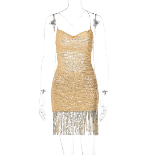 Women's solid suspender sexy backless splicing tassel sequin reflective dress