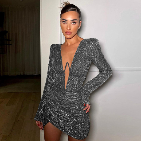 Sexy Spice Girl Deep Dress V Steel Band Chest with Shoulder Pad Pleated Long Sleeve Hip Wrap Dress