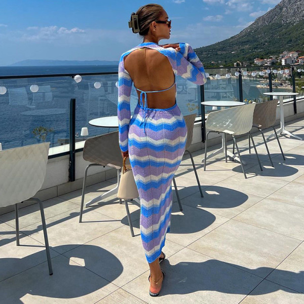 Wave stripe color contrast round neck long sleeve tight backless strap sexy hot girl fashion dress