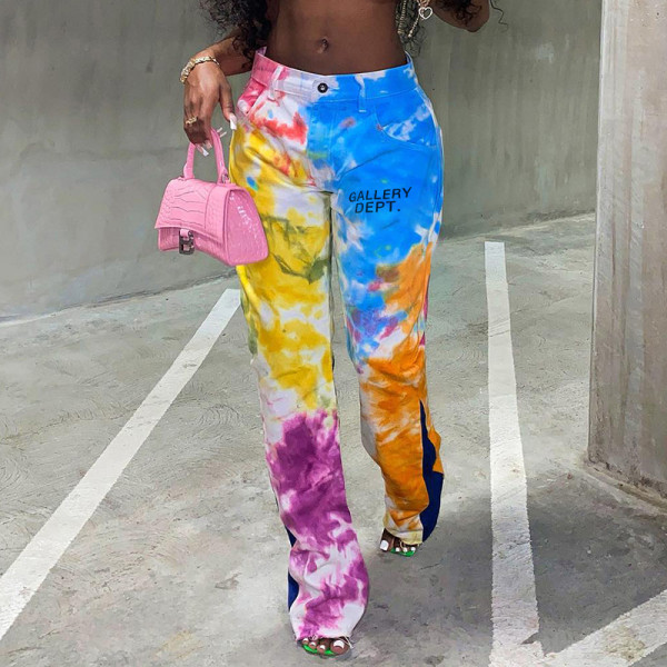 Versatile tie dyed cartoon printed pocket flare overalls