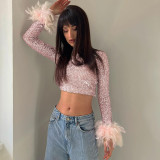 Personality characteristic sequin feather long sleeve short top T-shirt
