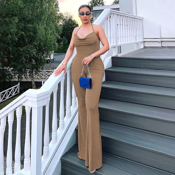 Solid tight neck strap sleeveless low neck backless sexy fashion Li Manti trousers flare pants