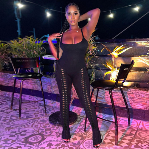 Women's black tight skinny U-shaped low neck sleeveless basic perforated small leg jumpsuit