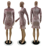 Solid color high neck pleated sexy skirt