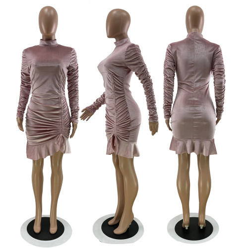 Solid color high neck pleated sexy skirt