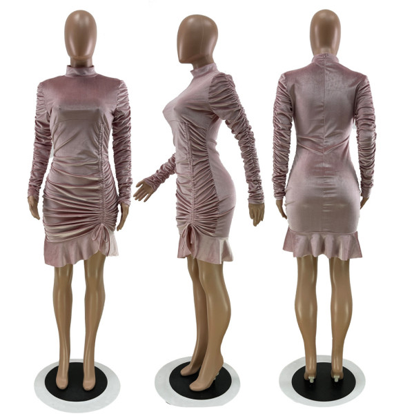 Solid color high neck pleated sexy skirt