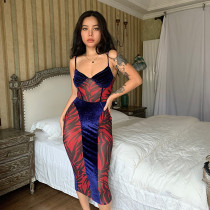 Mesh velvet panel color contrast printing chest wrap suspender backless tight hip bag sexy temperament dress Mesh velvet panel color contrast printing chest wrap suspender backless tight hip bag sexy temperament dress