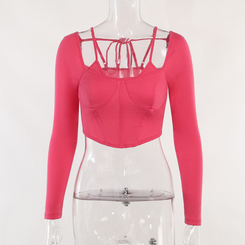 Fake two-piece waist girdle long sleeve slim sling bottoming T-shirt