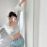 Personality characteristic sequin feather long sleeve short top T-shirt