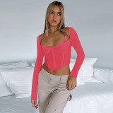 Fake two-piece waist girdle long sleeve slim sling bottoming T-shirt