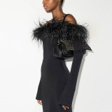 Personality fur collar one shoulder sexy wrap hip bodice long sleeve dress