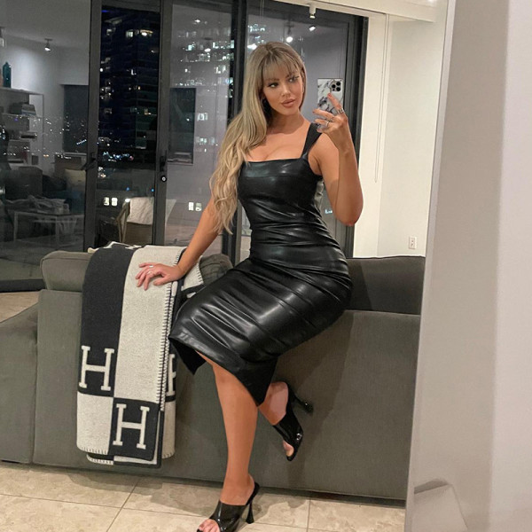 Slim fitting leather vest long dress with suspenders
