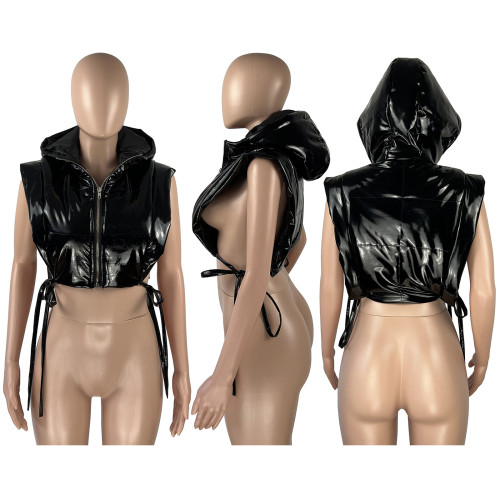 Fashion women's bright leather side open sleeveless hooded vest cotton jacket