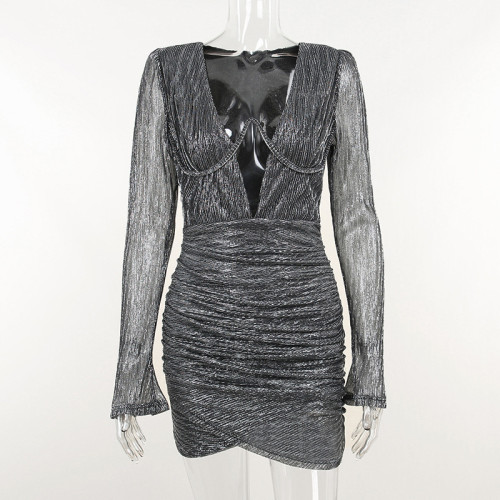 Sexy Spice Girl Deep Dress V Steel Band Chest with Shoulder Pad Pleated Long Sleeve Hip Wrap Dress