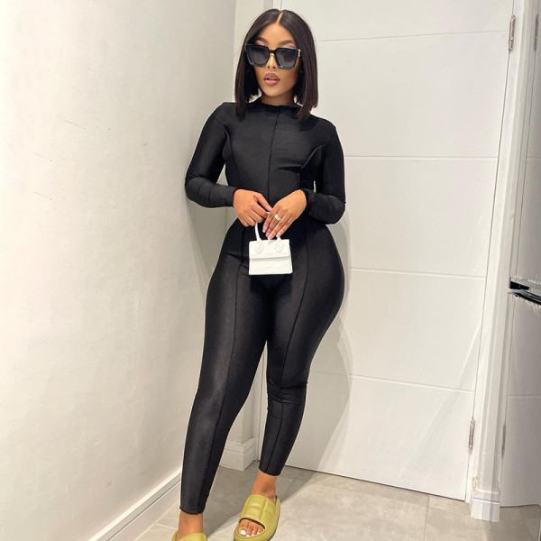 Solid color reverse trim zipper tight long sleeve one-piece pants