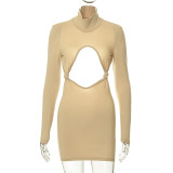 Sexy open back open navel kink round neck long sleeved dress