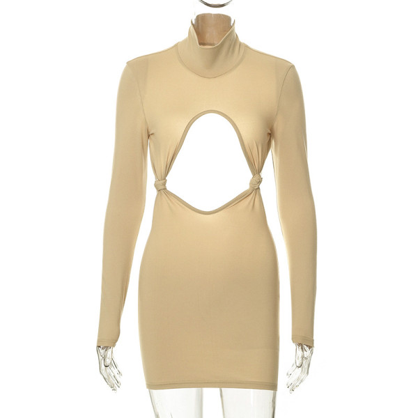 Sexy open back open navel kink round neck long sleeved dress