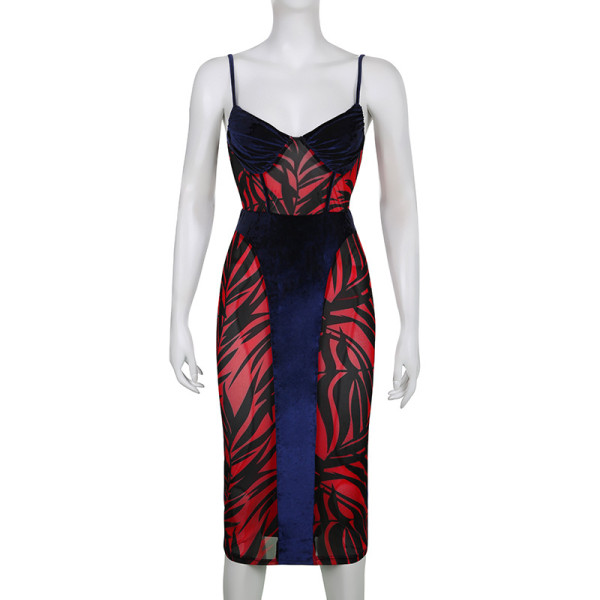 Mesh velvet panel color contrast printing chest wrap suspender backless tight hip bag sexy temperament dress