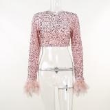 Personality characteristic sequin feather long sleeve short top T-shirt