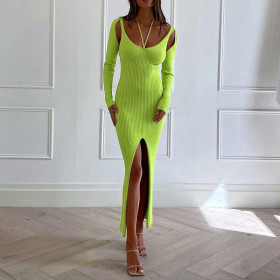 Personality Hollow out Long Sleeve Sling Woolen Split Dress