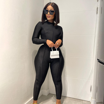 Solid color reverse trim zipper tight long sleeve one-piece pants