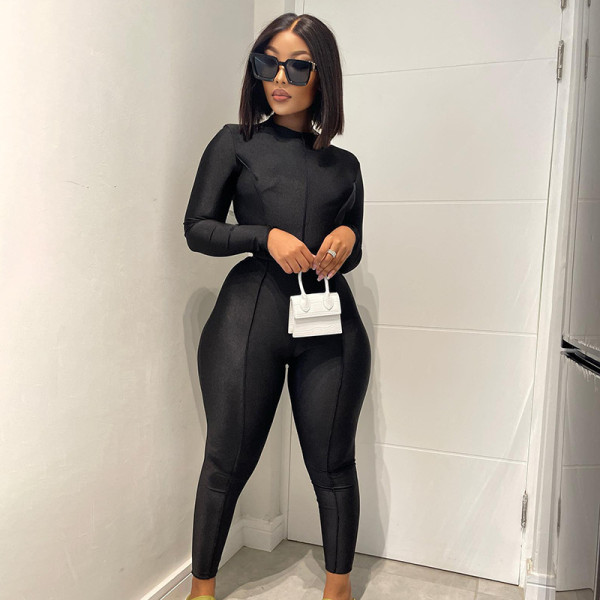 Solid color reverse trim zipper tight long sleeve one-piece pants