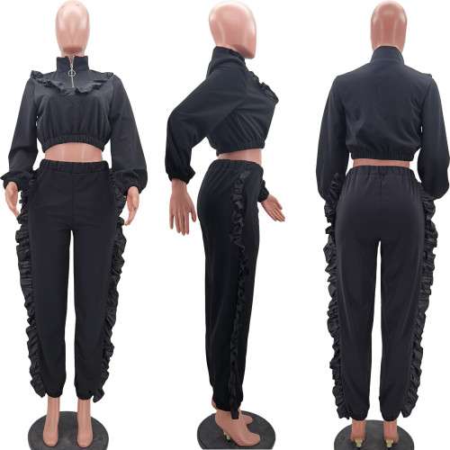 Solid color zipper with wooden ear edge, fashionable casual sports two-piece set