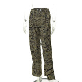 Fashion Leaf Print Lace up Pocket Casual Pants overalls