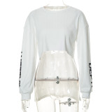 Fashion printed round neck long sleeve open navel shirt shirt top