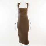 Slim fitting leather vest long dress with suspenders