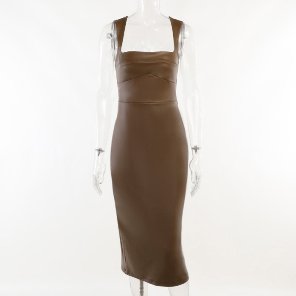 Slim fitting leather vest long dress with suspenders