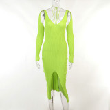 Personality Hollow out Long Sleeve Sling Woolen Split Dress