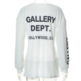 Fashion printed round neck long sleeve open navel shirt shirt top