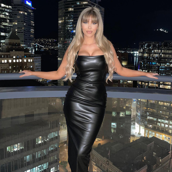 Slim fitting leather vest long dress with suspenders