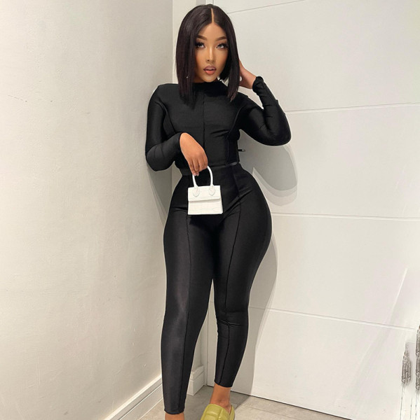 Solid color reverse trim zipper tight long sleeve one-piece pants
