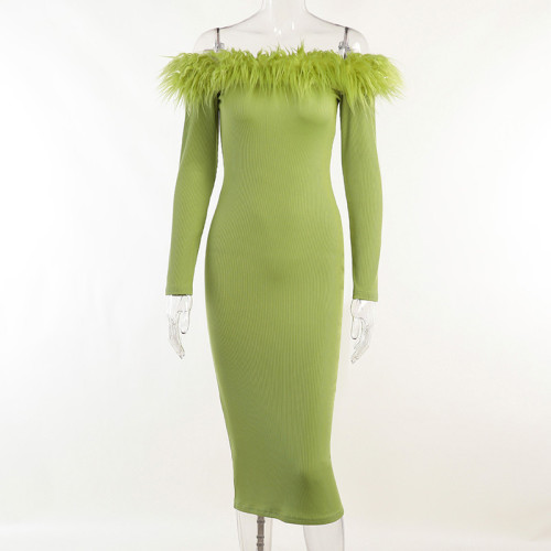 Personality fur collar one shoulder sexy wrap hip bodice long sleeve dress