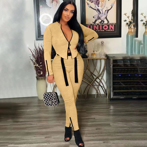 Women's autumn and winter new suit High elastic characteristic zipper fashion strap two-piece set
