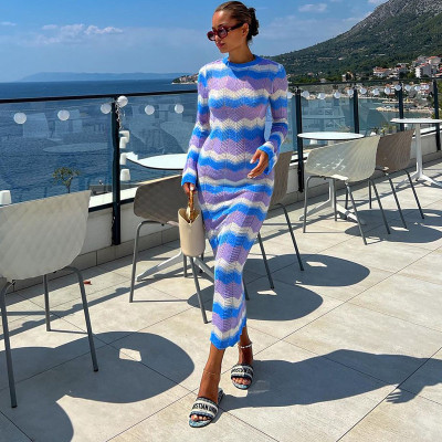 Wave stripe color contrast round neck long sleeve tight backless strap sexy hot girl fashion dress