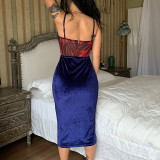 Mesh velvet panel color contrast printing chest wrap suspender backless tight hip bag sexy temperament dress