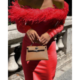 Personality fur collar one shoulder sexy wrap hip bodice long sleeve dress