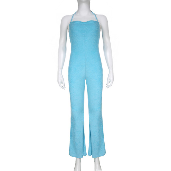 Solid tight neck strap sleeveless low neck backless sexy fashion Li Manti trousers flare pants