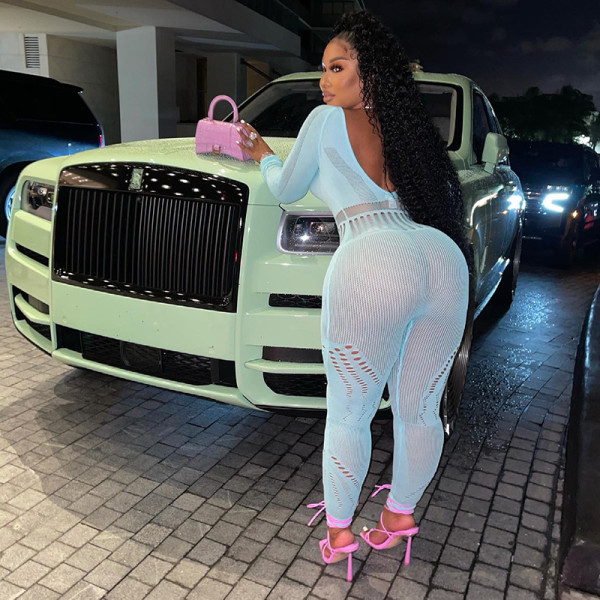 Sexy Long Sleeve Tight Hollow Through Perforated Jumpsuit Pants