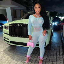 Sexy Long Sleeve Tight Hollow Through Perforated Jumpsuit Pants